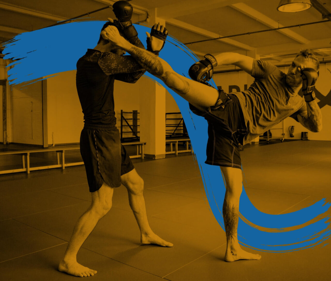 Zwei Trainierende üben Highkick.